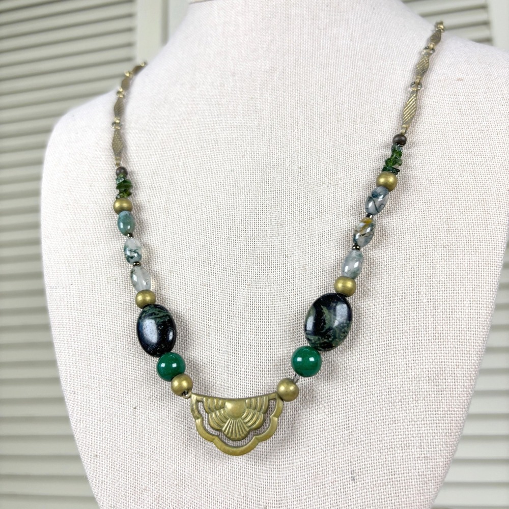 Artisan Art‎ Deco Revival Green Moss Agate Jade Brass Fan Necklace Y2K Boho Chic
